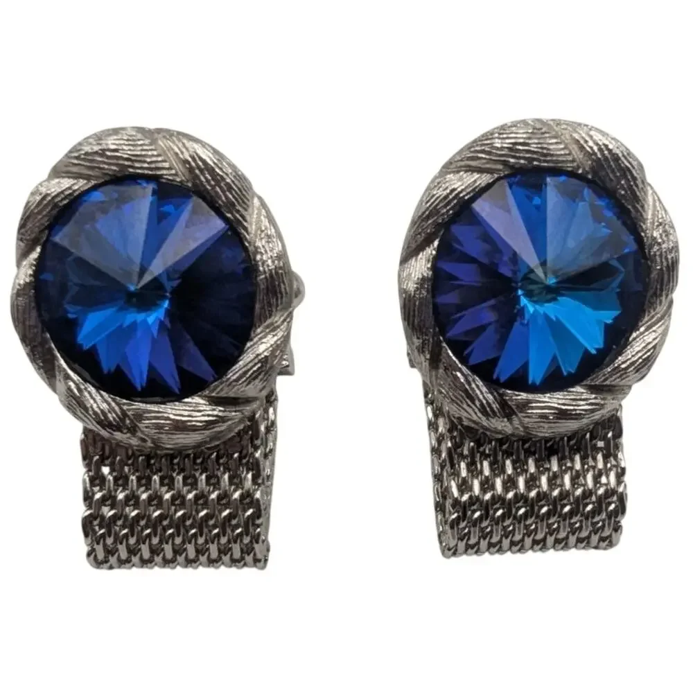 SWANK Cufflinks Men's Blue Faceted Crystal Mesh Wrap Silver Tone Vintage Pair